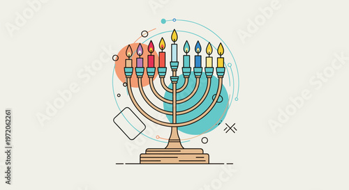 Traditional Jewish menorah or Hanukkiah with nine lit colorful candles for the celebration of Hanukkah festival of lights.