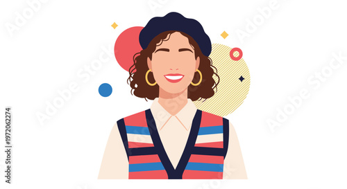 Stylish woman wearing a blue beret and a colorful patterned vest over a white collared shirt against an abstract background.