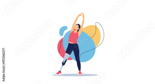 Empowered woman with a prosthetic leg performing stretching exercises against a backdrop of colorful abstract shapes and lines.