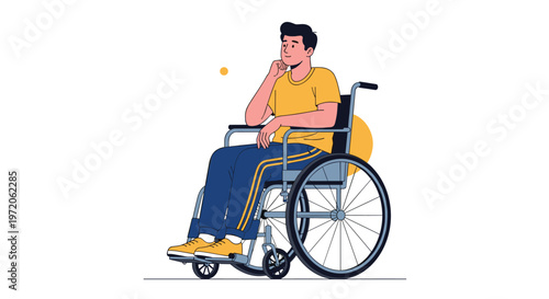 Thoughtful young man sitting in a wheelchair with a contemplative expression against a simple background with a yellow circular shape.