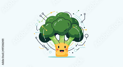 Smiling green broccoli character surrounded by abstract digital circuit lines and colorful dots representing food technology.