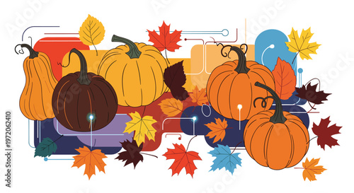 Decorative composition of autumn pumpkins and colorful maple leaves integrated with digital circuit patterns and shapes.