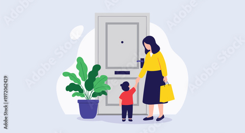 Woman holding a yellow shopping bag at a front door with a small child reaching for her hand after a shopping trip.