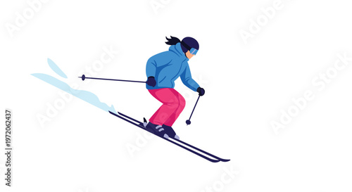 Female skier in a blue jacket and pink pants skiing down a snowy slope leaving a white trail in the fresh winter snow.