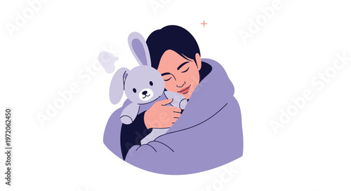 Young woman is peacefully sleeping while hugging a soft purple rabbit plush toy wrapped in a warm purple blanket.