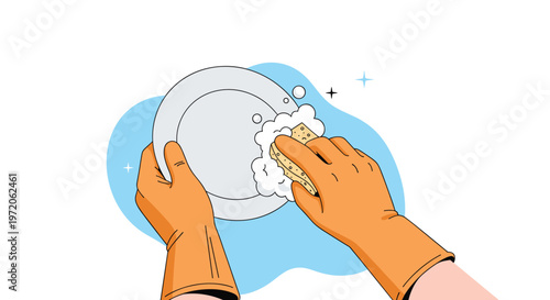 Person wearing orange rubber gloves washing a white dinner plate with a soapy sponge and many bubbly soap suds.