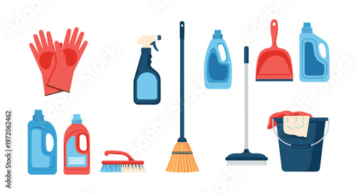 Comprehensive set of cleaning tools and household supplies including brooms buckets sprays and detergent bottles.
