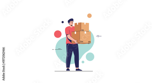 Courier or delivery man in a red shirt and blue pants carrying two heavy cardboard boxes for shipping or moving.