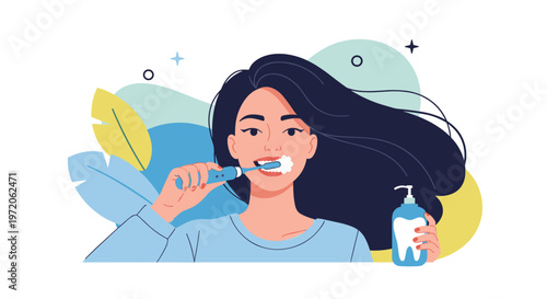 Young woman with long dark hair using a blue electric toothbrush to brush her teeth for good dental oral hygiene.