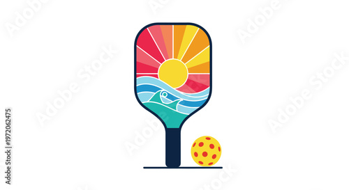 Modern pickleball paddle featuring a colorful sunset over ocean waves design with a matching yellow game ball.