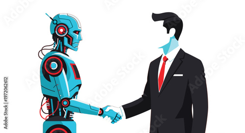 A sleek, futuristic artificial intelligence robot extends its mechanical hand to shake hands with a professional human businessman in a suit, symbolizing the vital collaboration, partnership, and inte