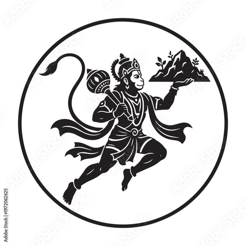 Dynamic black silhouette of Hindu god Hanuman flying carrying sacred Sanjeevani mountain and mace framed in circle showcasing epic mythology