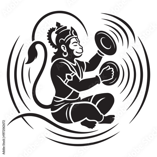 Devotional black silhouette of Hindu god Hanuman sitting playing musical cymbals during spiritual chant with radiating sound waves