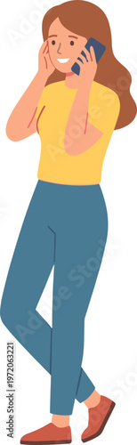 Woman talking on phone with casual clothes and happy expression standing alone
