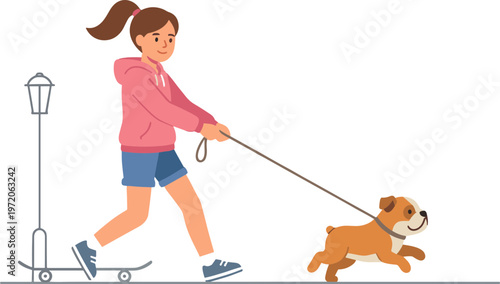 Girl rides skateboard while walking brown dog on leash outdoors