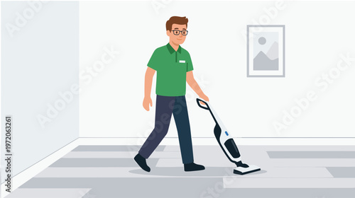 Man vacuuming a room with a green shirt on