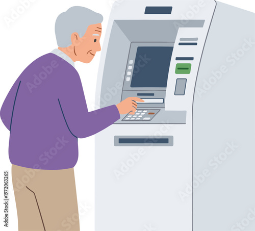 An elderly man withdraws money from an automated teller machine indoors.