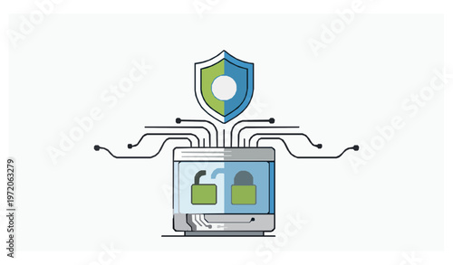 Secure server with data encryption and cyber protection line art vector illustration