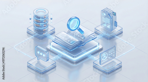 Glass isometric knowledge management system with open digital book search database documents messaging and user profile on clean white background