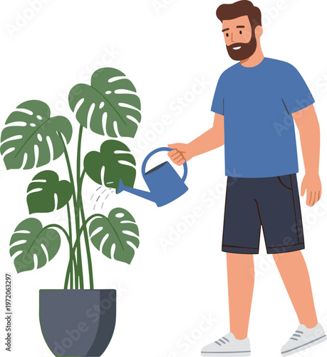 Man watering large green plant with a blue watering can indoors