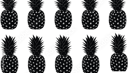 Collection of ten stylized pineapple illustrations in grid layout, showcasing tropical fruit silhouettes with spiky leaves and textured body design for pattern and decoration