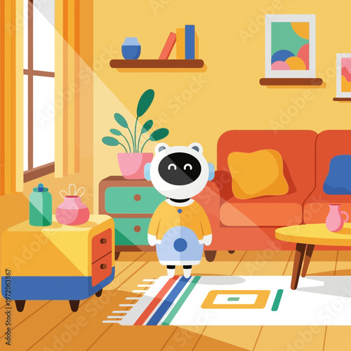Cute friendly robot character standing in a colorful living room