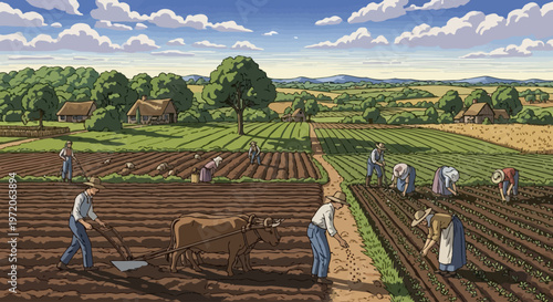 traditional farming with farmers and livestock in rural landscape vector illustration
