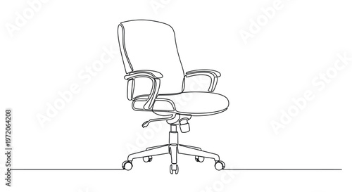 An artistic and minimalist single continuous line drawing eloquently portrays a modern ergonomic office chair, complete with adjustable features and smooth-rolling caster wheels, embodying sleek desig