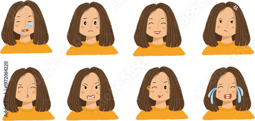 Girl with her mood cute face illustration happy cry upset mad bad expression clipart SET