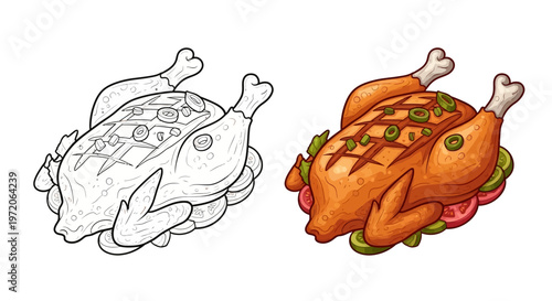 Roasted Chicken with Herbs and Vegetables - Line Art and Color Illustration