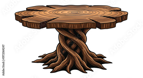 A whimsical tree stump table with a twisted root base design