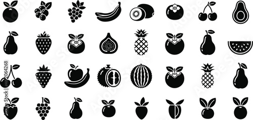 Fruit silhouette icon set with various fresh food shapes including apple banana pineapple watermelon and berries vector collection design