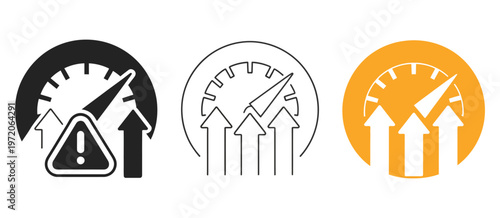 Rising performance icon set with speedometer and upward arrows, representing business improvement, rapid growth, and performance metrics, vector graphics for marketing