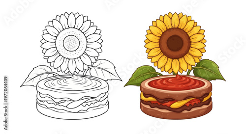 Sunflower Burger with Ketchup and Mustard, Black and White Outline and Color Version