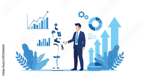 Professional businessman in a formal suit shakes hands with an advanced humanoid robot to demonstrate a successful partnership between human intelligence and artificial technology while floating chart
