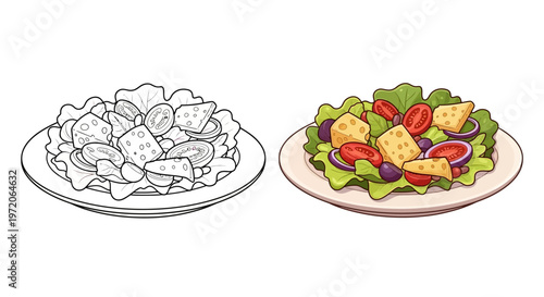 Fresh Salad Plate with Croutons, Tomatoes, and Red Onion - Color and Line Art Comparison
