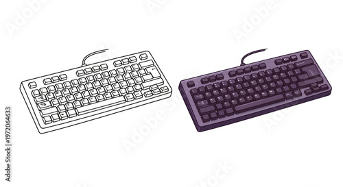 Computer Keyboard Outline and Full Color Illustration