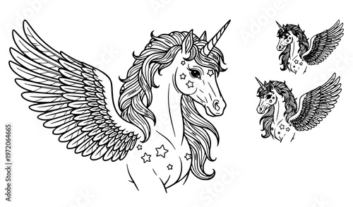 Elegant unicorn pegasus outline coloring page vector illustration with decorative fantasy line art isolated on white background