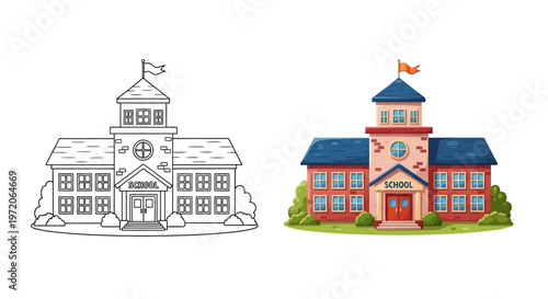 Coloring Page School Building Outline vs Colorful Illustration