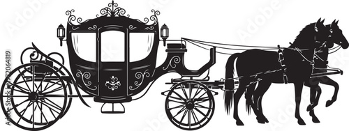 Vintage horse drawn carriage, black silhouette, elegant transportation, classic vehicle