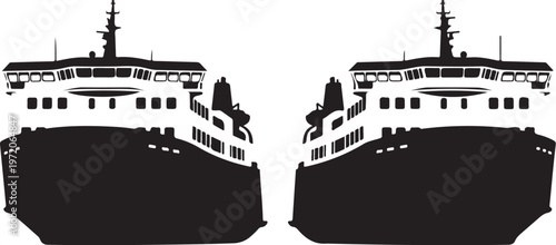 Black ferry boat, silhouette ships, vector illustration, nautical icons, transportation graphics