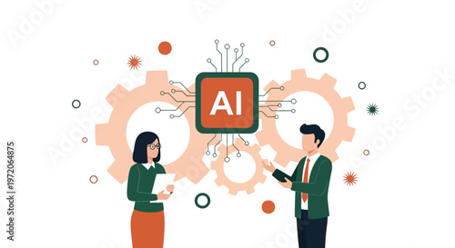 Two professional business colleagues stand together in a modern workplace setting while they observe a large glowing digital processor chip representing advanced machine learning and artificial intell