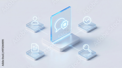 Glass isometric AI assistant platform with user profile document search verification badge and intelligent communication on clean white background