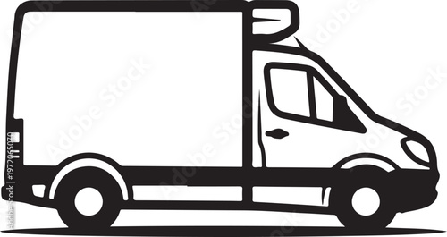Delivery truck, cargo van, transportation icon, vehicle silhouette, black and white