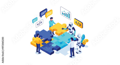 Professional team members collaborating with advanced robotic artificial intelligence systems to assemble large colorful puzzle pieces representing complex problem solving and innovative technological