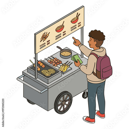 Man ordering food from a street vendor cart with various dishes displayed