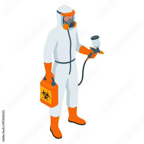 A person wearing a hazmat suit uses a sprayer for disinfection indoors.