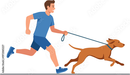 Man jogging with energetic dog on leash in park outdoors