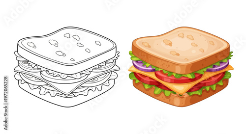 Delicious Sandwich with Toasted Bread, Cheese, Tomato, Lettuce, and Onion - Line Art and Full Color