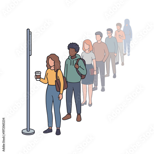 People waiting in line at a station with a woman holding coffee